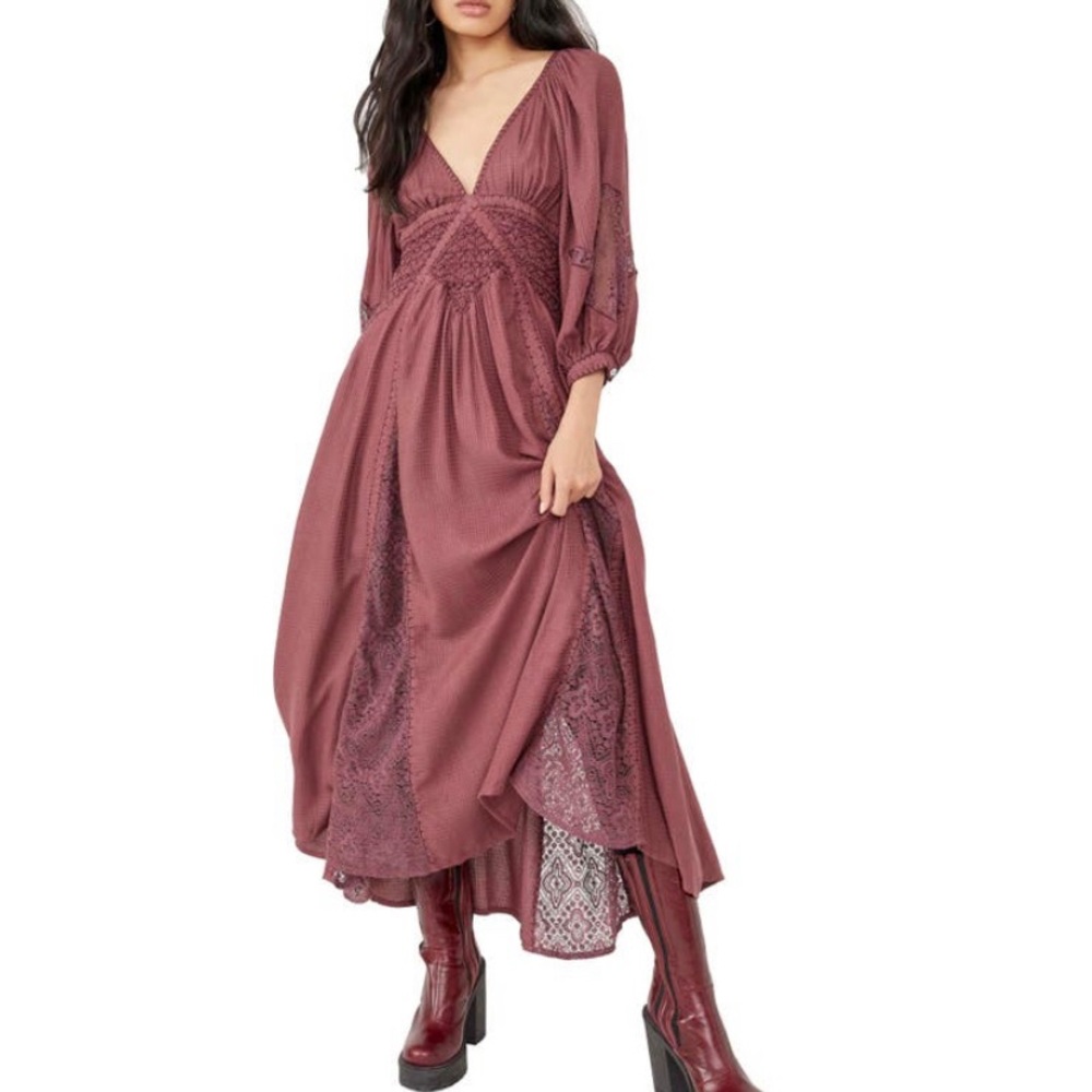 NWT Free People Southwest Lace Long Sleeve Maxi Dress Deep V-Neck Pockets Plum S